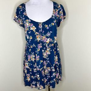 Altard State Dress SMALL Blue Floral Mini Scoop Neck Peasant Rayon Tiered Casual
